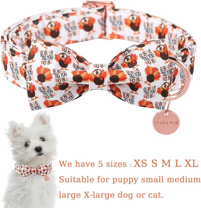Thanksgiving Dog Collar with Bow Tie, Turkey Cotton Bowtie Collar for Puppy Girl Dog or Cat, Autumn Bow Tie Collar with Durable Metal Buckle, Turkeys Pet Collar,M, Neck 13.5-22in