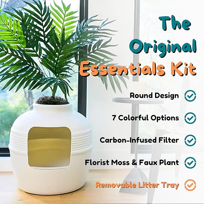 Good Pet Stuff Hidden Litter Box Planter, Decorative Cat Litter Enclosure with Carbon Filter, Artificial Plant, Easy Clean, Indoor Design, Original Round Style, Essentials Kit, White Birch