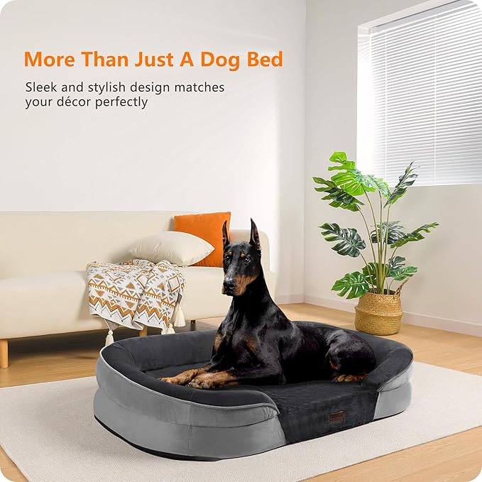 Dwanton Orthopedic Dog Bed for Extra Extra Large Dogs with Gel Memory Foam, Waterproof Dog Sofa, Washable Pet Bed with Four Sided Bolster Cushion, Removable Cover & Non-Slip Bottom, 48", Dark Gray