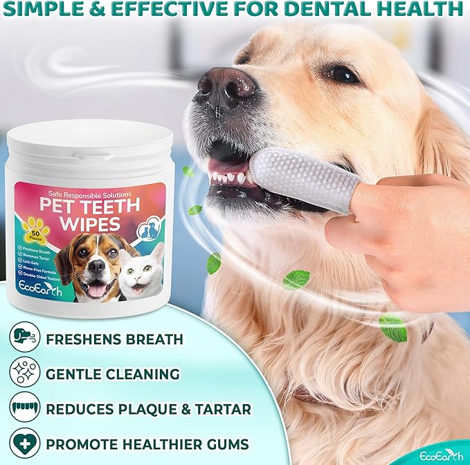 Premium Teeth Cleaning Wipes for Dogs & Cats - 100 Pcs - Pet Dental Care Finger Pads for Fresh Breath & Oral Hygiene - Embossed Pattern & Nano Plastic-Dotting to Remove Plaque & Tartar