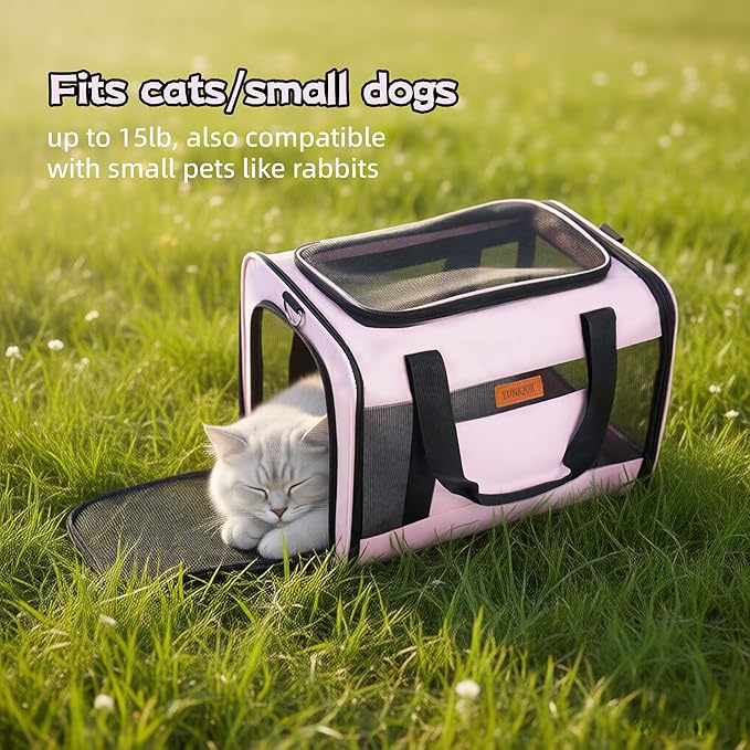 YUNIQUE Soft-Sided Cat & Dog Carrier for Pets Up to 15 Lbs, Airline Approved Collapsible Travel Puppy Carrier with Lightweight Fabric Design (Pink)