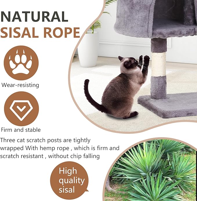 FDW | 36" Cat Tree Tower | Light Gray | Multi-Level Indoor Activity Center with Sisal Scratching Posts, Condos, Plush Perches, Hanging Cat Toys | Sturdy, Easy to Assemble | for Kittens & Adult Cats