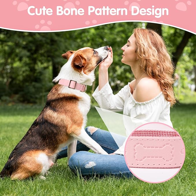 TDTOK Stylish Leather Dog Collar, Comfortable Soft PU Leather Dog Collars for Large Medium Small Dogs with Quick Release Metal Buckle, Adjustable Pet Collar with Cute Bone Pattern Design