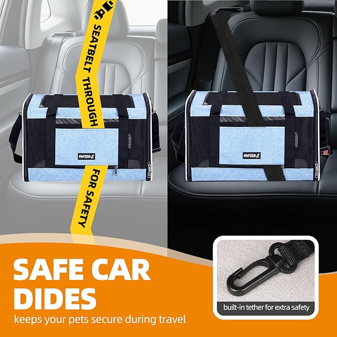 Cat Carrier Soft-Sided Travel Bag for Medium to Large Cats Over 15lbs, Small Dog Carrier Crate Top Entry Breathable Mesh Puppy 12 Pounds, Pet Rabbit Carrying Cage Kennel Collapsible Blue