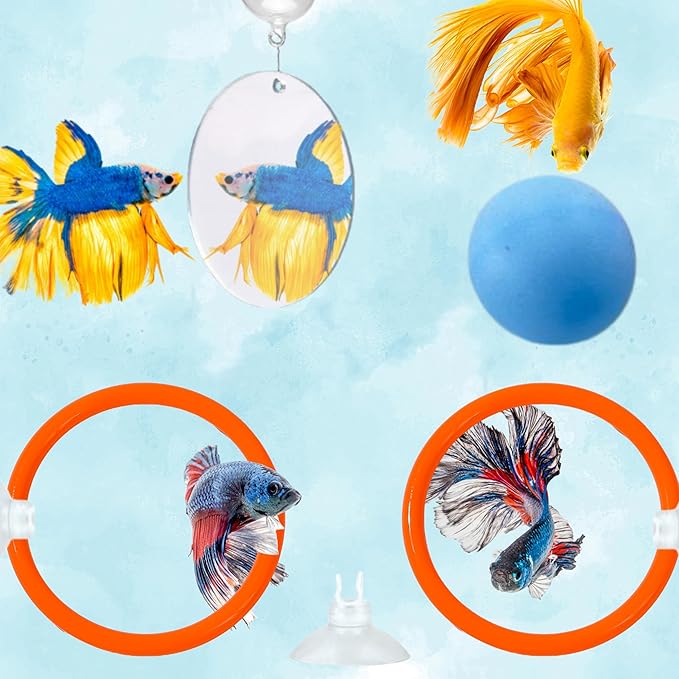 Betta Mirror Enrichment Fish Toys Stimulation, 2 pcs Exercise Feeding Rings And Training Mirror With Floating Ball Toy, Betta Fish Tank Accessories, Small Aquarium Tank Decoration (Orange, M)