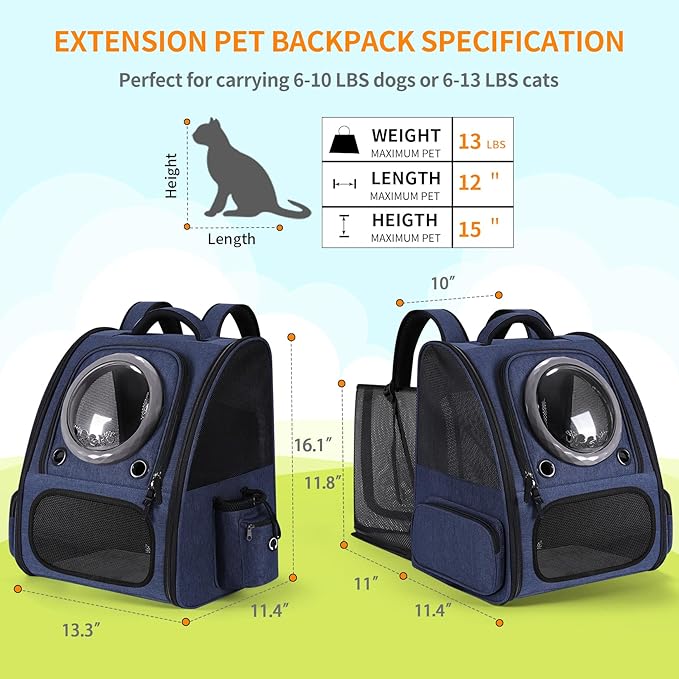 Bubble Cat Backpack Carrier, Expandable Cat Carrier Backpack,Breathable Pet Backpack for Medium Cat,Kitten and Small Puppy, Large Space,Portable Bags Foldable Dog Backpack for Traveling,Hiking (Blue)