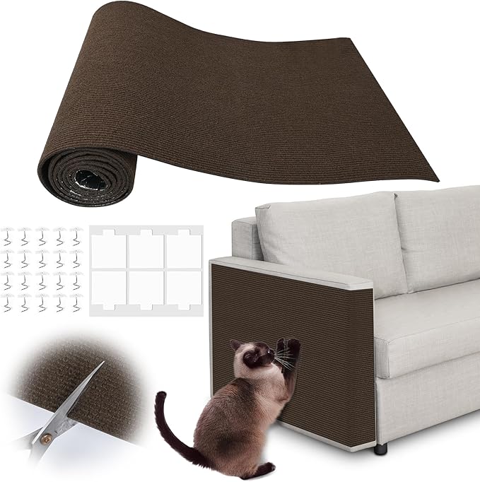Cat Scratch Furniture Protector - 118" x 17" Trimmable Self-Adhesive Cats Claws Scratch Pads, DIY Cat Climbing Couch Protector for Scratch Post Cat Tree Replacement Indoor (Brown)