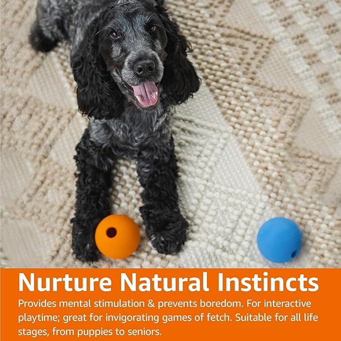 Amazon Basics Interactive Bouncy Durable Rubber Dog Toy Balls, 3 inch, Blue, Orange, Pack of 2