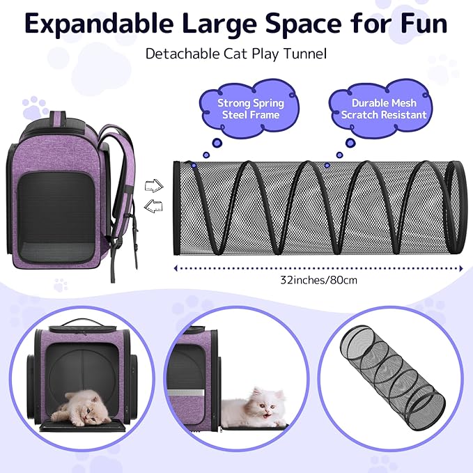 Cat Backpack Carrier with Detachable Play Tunnel, 2 in 1 Cat Tunnel Backpack Suitable for Carrying & Playing, Expandable Dog Carrier for Small Medium Kitten Puppy, Suitable for Travel Hiking Camping