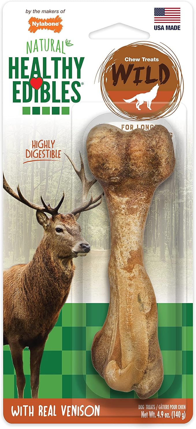 Nylabone Healthy Edibles WILD Natural Longer-Lasting Chew Treats, Venison Flavor, Large Dogs Up to 50 lbs - Made in USA (1 Count)