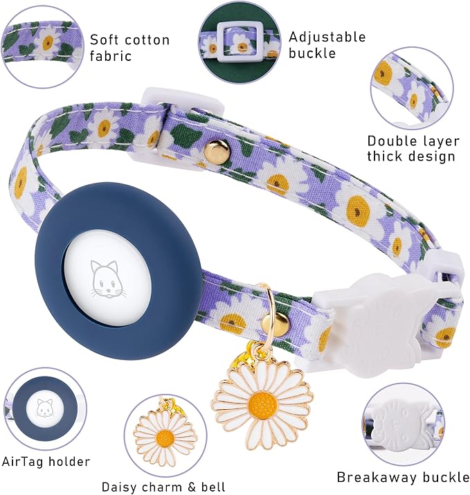 Airtag Cat Collar, JXFUKAL Kitten Collar Breakaway with Silicone Airtag Holder, Bells & Flower Charm for Girl Cats Boy Cats Small Dogs(Blue)