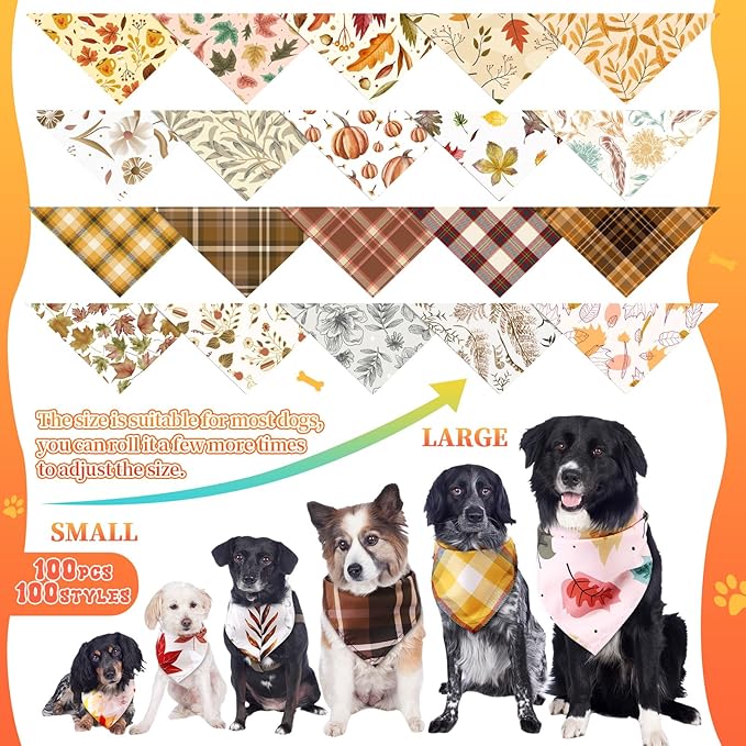 100 Pcs Fall Dog Bandanas Bulk Thanksgiving Pet Bibs Triangle Scarf Autumn Pet Bandanas for Medium Large Dogs Fall Autumn Harvest Festival Thanksgiving Costume Decor