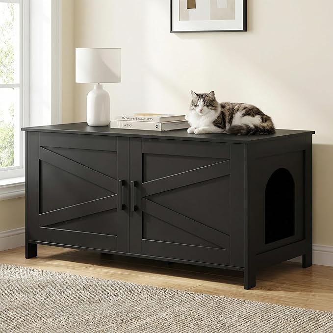 Homhedy 39.4" L Cat Litter Box Enclosure, Pet House with Barn Door, Wooden Cat Washroom Furniture,Fit Most of Litter Box, Black
