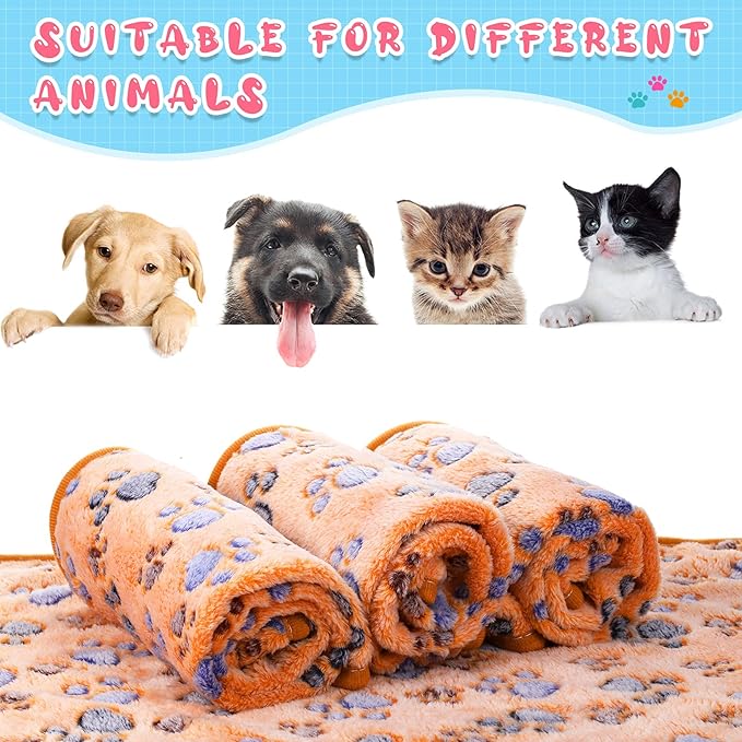 Tatuo 4 Pcs Dog Blanket for Pet Cat Blankets Indoor Puppy Teething Stuff Toys Paw Print Fleece Soft Blanket Sleep Mat for Guinea Pig Cage(Coffee,Small(24 x 16 Inch))