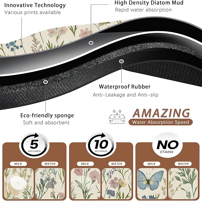 Wildflowers Dog Cat Food Mat,Vintage Botanical Garden Plants Herb Butterfly Absorbent Pet Feeding Mat for Food and Water,Non-Slip Dog Bowl Mats Floor Protector 16"x24"