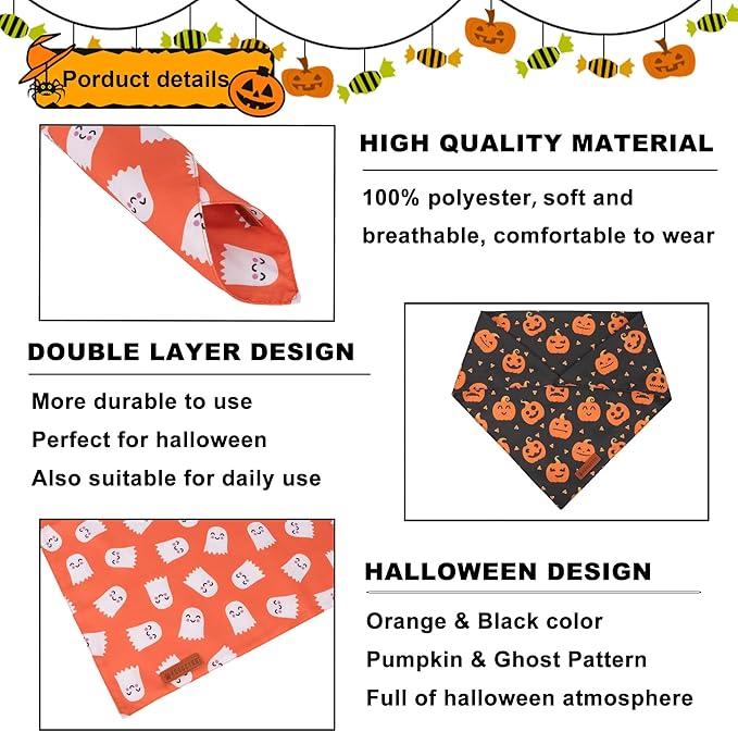 ADOGGYGO Halloween Dog Bandanas 2 Pack, Reversible Pumpkin Ghost Scarf, Premium Fabric, Adjustable Fit Orange Black Halloween Bandanas for Extra Large Dogs (X-Large)