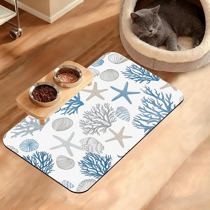 Seashell Beach Feeding Mat,Coral Starfish Absorbent Quick-Dry Cat Dog Food and Water Bowl Mats,Non-Slip Rubber Backing Mat,Cat Dog Accessories Supplies 12" x 20"