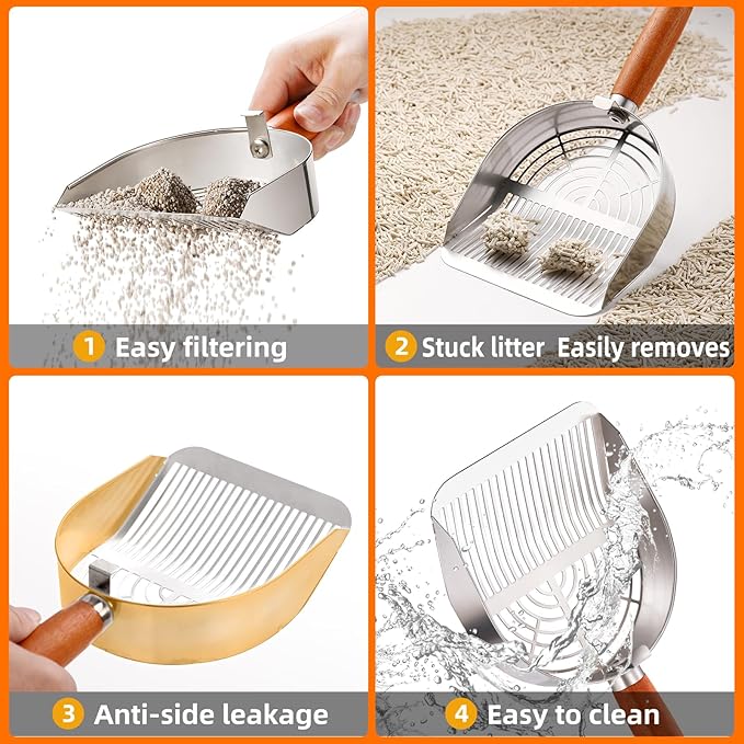 Stainless Steel Metal Cat Litter Scoop with Holder, Small Broom & Dustpan - Durable, Anti-Break Handle, Dual-Width Holes for Quick Clean