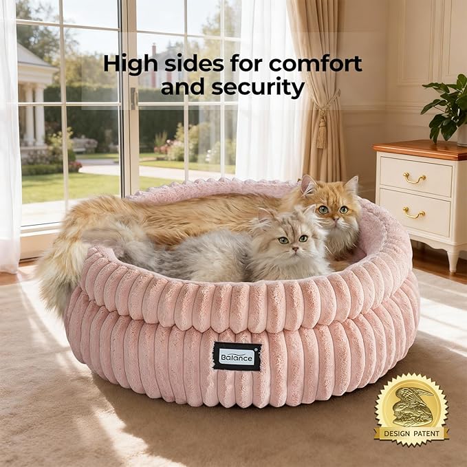 BALANCE Cat Bed Kitten Bed, Washable Round Cat Beds for Indoor Cats,Super Soft Plush Faux Fur Pet Bed for Puppy and Kitten with Anti-Slip Bottom