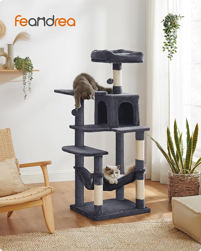 Feandrea Cat Tree, 55.1-Inch Cat Tower, Plush Multi-Level Condo with 4 Scratching Posts, 2 Perches, Hammock, Cave, Smoky Gray UPCT161G01
