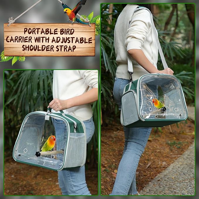 Suertree Small Bird Carrier, Large Window Travel Cage with Stand and Easy Clean Tray for Parrot Parakeet Cockatiels, Lightweight and Portable, Green
