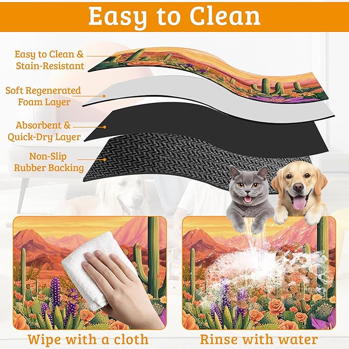 Pet Feeding Mat,Cactus Absorbent Dog Cat Food Mat Desert Dog Mat with Rubber Backing,Non-Slip Water Bowl Placemat,Pet Supplies 12" x 20"