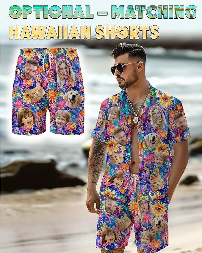 Custom Hawaiian Shirt with Face Photo Picture for Men Women Kids Youth Adult, Tropical Personalized Hawaiian Shirts Gift