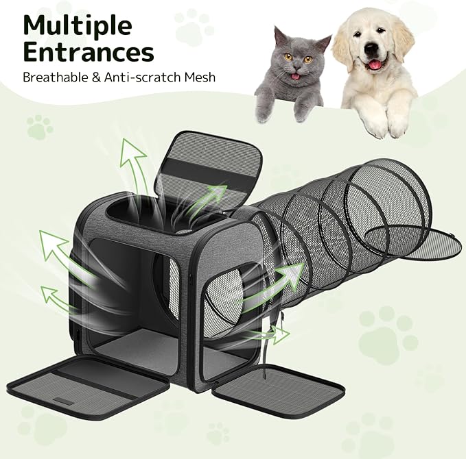 Cat Backpack with Detachable Play Tunnel, 2 in 1 Cat Tunnel Backpack Suitable for Carrying & Playing, Expandable Dog Backpack for Small Medium Kitten Puppy, Suitable for Travel Hiking Camping