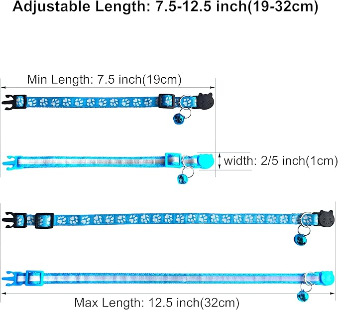 2 Pack Breakaway Cat Collars with Bells, Reflective Design and Claw Print Design, Safety Buckle Kitten Collars Adjustable from 7.5 to 12.5 Inches (Sky Blue)