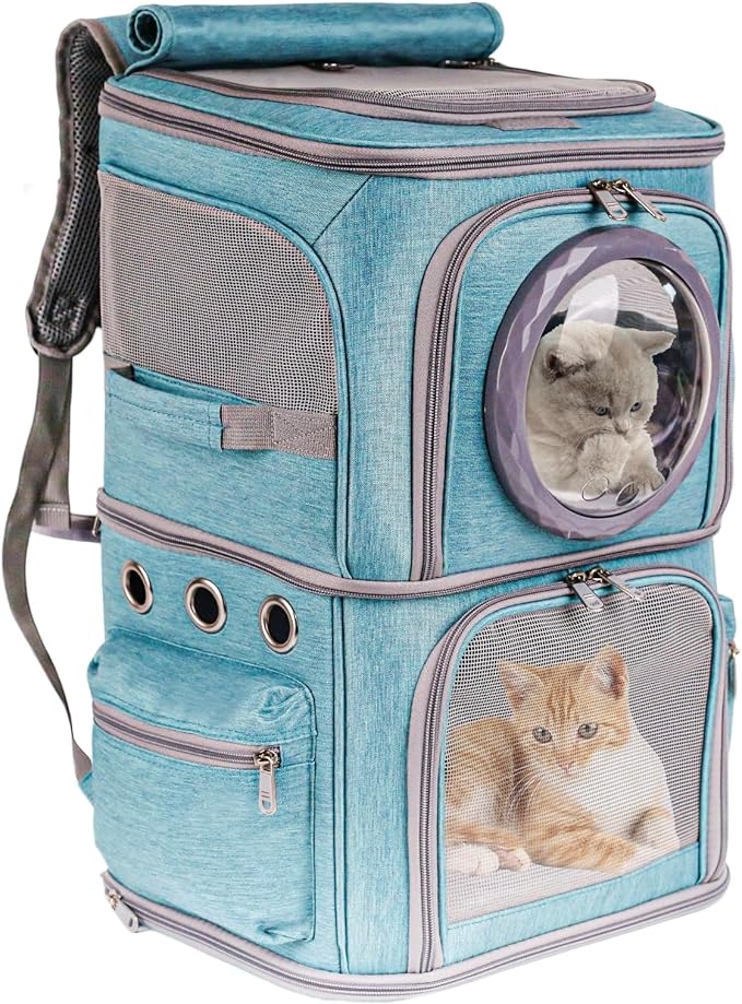 2-in-1 Pet Carrier Backpack for Two Cats or One Dog, Green Double-Layer 2 Compartment Carry Bag to Transport Small Animals Traveling and Hiking, Space Capsule Clear Bubble Dome