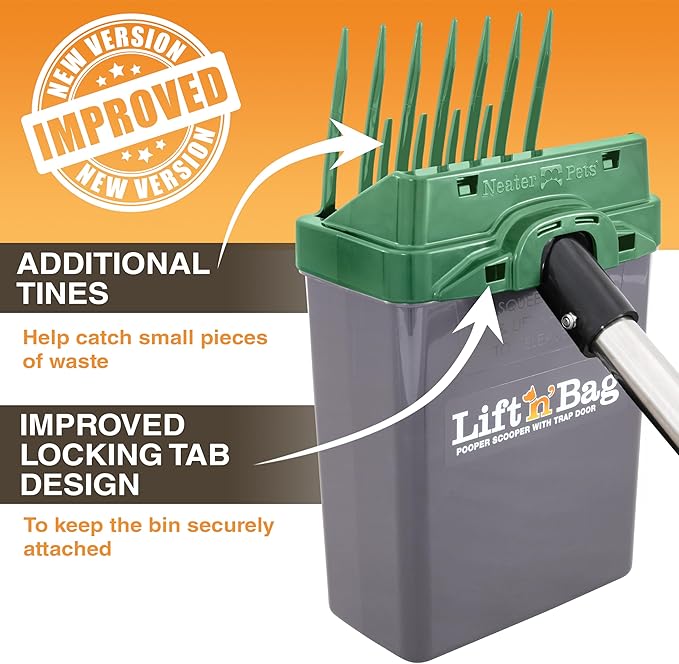 Neater Pet Brands Lift N’ Bag 2.0 Dog Pooper Scooper with Bag Attachment & 22" Pole for Small to Large Dogs, New & Improved Design, 15 Refill Bags, Heavy Duty Dog Poop Scooper for Yard, One-Hand Use