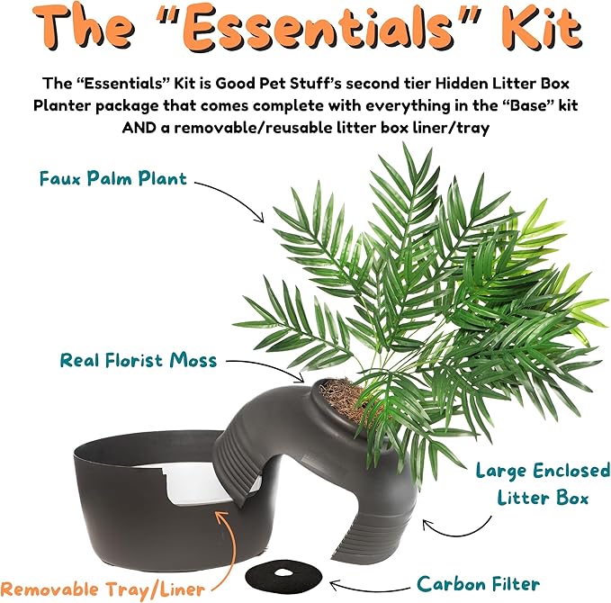Good Pet Stuff Hidden Litter Box Planter, Decorative Cat Litter Enclosure with Carbon Filter, Artificial Plant, Easy Clean, Indoor Design, Original Round Style, Essentials Kit, Black Suede