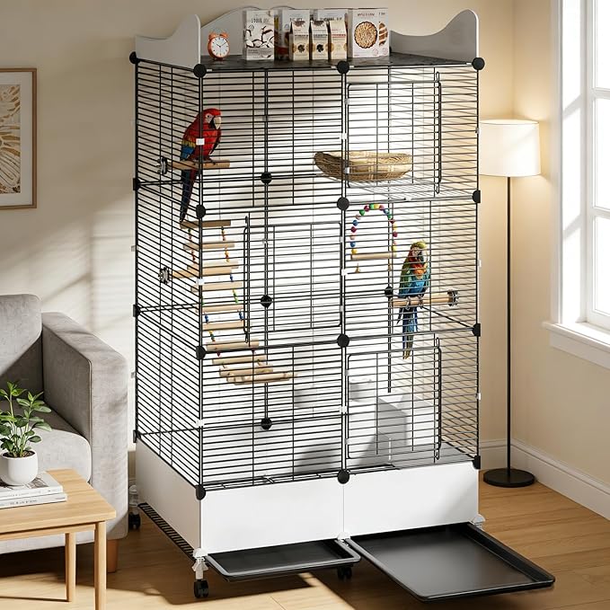Encrypted Bird Cage Large Bird Cages 57-Inch, Top Storage Space, Bottom Splash Guard with Essential Bird Supplies – Durable & Spacious Aviary – Budgies & Cockatiels