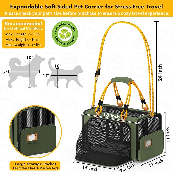 PAWZIDEA Expandable Pet Carrier w/ID Card, 18″×11″×11″ Small Dog Carrier TSA Airline Approved, Top Load Cat Carrier for 2 Cats Under Seat, Soft-Sided Collapsible Puppy & Animal Travel Bag, up 15 lbs