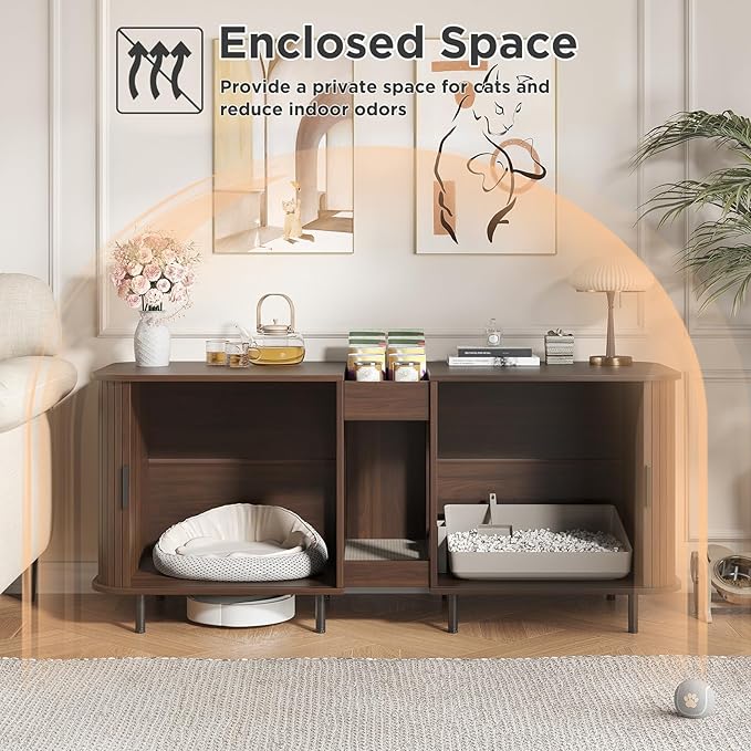 Double Litter Box Enclosure for 2 Cats, 55" Litter Box Furniture Hidden with Cat Scratch Pad, Large Indoor Cat House with Double Room, Wooden Litter Box Cabinet, TV Stand, Walnut