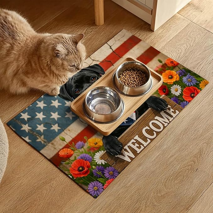 Patriotic 4th of July Flag Dog Pet Food Mat Independence Day Spill-Proof Pet Feeding Mat USA Welcome Dog Bowl Mats Pets Placemat Cat Food Mats for Home Decor 24" x 16"