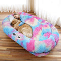 Human Dog Bed, 71''x45''x12'' Size Fits You and Pets, Washable Faux Fur Pet Bed for People Doze Off, Napping Orthopedic Dog Bed, Present Plump Pillow, Blanket, Strap - Rainbow