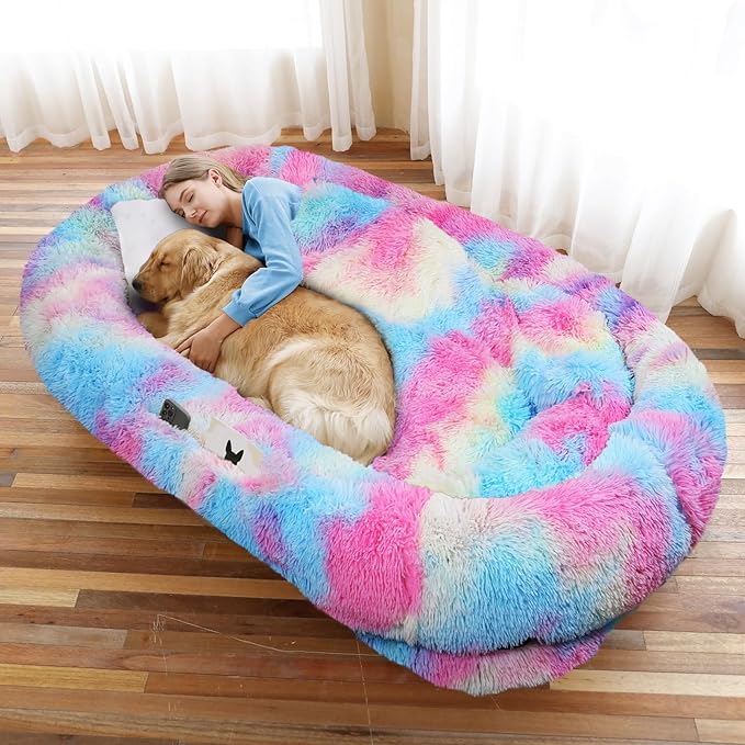 Human Dog Bed, 71''x45''x12'' Size Fits You and Pets, Washable Faux Fur Pet Bed for People Doze Off, Napping Orthopedic Dog Bed, Present Plump Pillow, Blanket, Strap - Rainbow