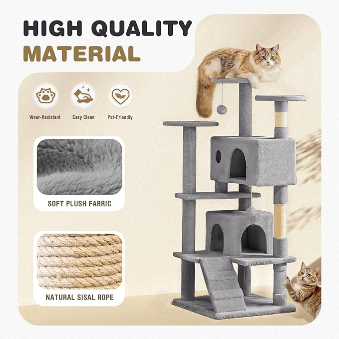 Cat Tree 54 Inch, Multi-Level Cat Tower with Condo, Perches, Sisal Scratching Posts and Climbing Ladder, Pet Play Toy Balls House for Indoor Cats, Light Grey