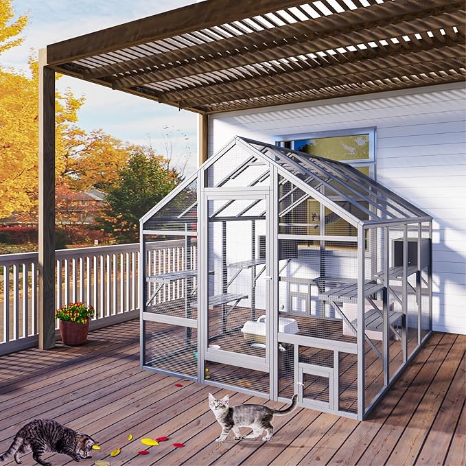 Cat Catio, Large Catio Outdoor Cat Enclosure for Multiple Cats with 7 Platforms, 2 Resting Box and 2 Bridges, Wooden Feral Cats Shelter with Waterproof and UV Proof Canopy, 71 x 71 x 97 inch