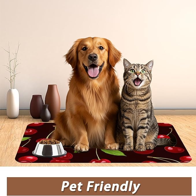 Red Cherry Pet Feeding Mat,Absorbent Quick-Dry Cat Dog Food and Water Bowl Mats,Non-Slip Rubber Backing Mat,Cat Dog Accessories Supplies 16"x24"