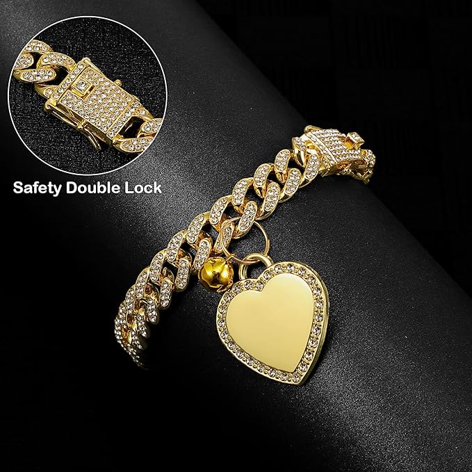 Hillban Dog Chain Gold-Plated Diamond Collar with Heart Rhinestones Jewelry Pet ID Tag Chain Bling Puppy Collar with Personalized Name Tag for Small Medium Large Dog Cat(Gold,8 Inch)