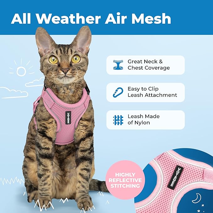Voyager Escape-Proof Step-in Lock Cat Harness & 5ft Neoprene-Handle Leash Set All-Weather Mesh with Reflective Stitching for Small to Large Cats by Best Pet Supplies, Pink (327), XXXS