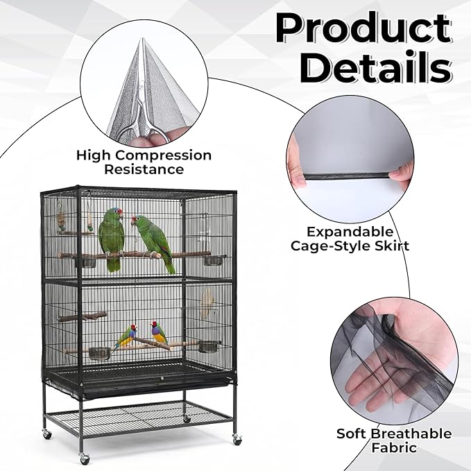 Large Bird Cage Cover Bird Cage Seed Catcher 118 x 31 Inches Adjustable Elastic Band Mesh Birdcage Cover Net Skirt for Parrot Parakeet Macaw African Cages (Black)