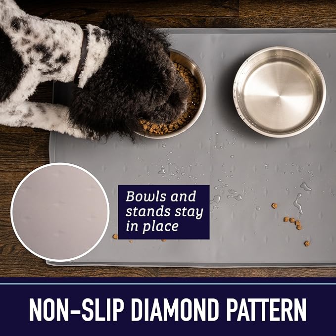 Leash Boss Raised-Edge Silicone Dog Food Mat - Waterproof Pet Mat for Dog Food & Water Bowls - Non-Slip Pet Placemat - Dishwasher-Safe Silicone Tray - 25 x 17 in, Gray