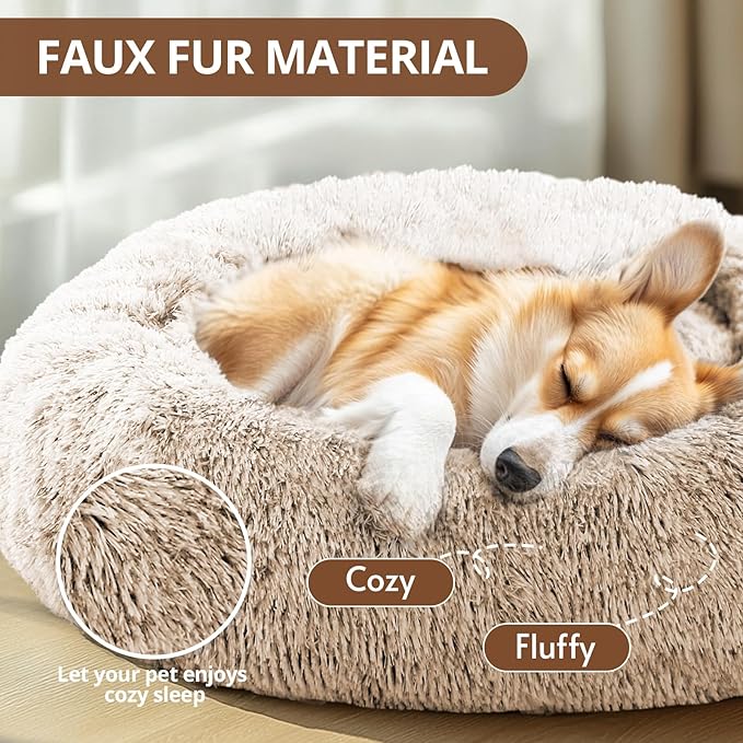 JOLLYVOGUE Calming Small Dog & Cat Bed for Indoor Cats - 20 inches Washable Donut Bed for Kittens & Puppies, Anti-Anxiety Round Fluffy Plush Pet Beds (Fits up to 15 lbs, Cream Brown)