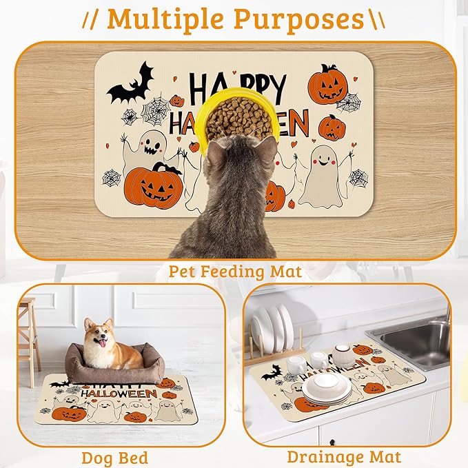 Pumpking Bat Dog Cat Food Mat,Halloween Absorbent Waterproof Placemat for Food and Water Non Slip Rubber Backing Durable Feeding Pad for Clean Floors 16" x 24"