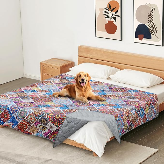 Waterproof Dog Blanket, Bohemian Dog Bed Cover Pet Blanket, Reversible Sofa Couch Cover for Dogs Washable, Protect Furniture Bed Couch Sofa for Puppy Cat (Colorful Medallion, 68×82 Inch)