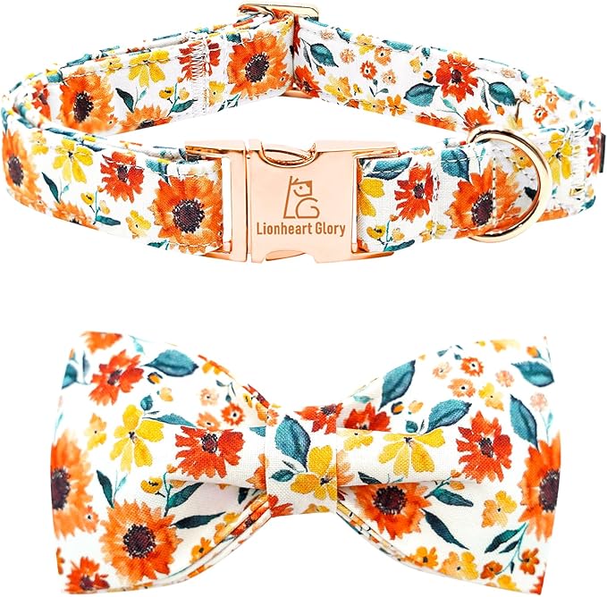 Lionheart glory Dog Collar Bow Collar Floral Dog Collar with Bow Tie Spring Summer Cute Collar Dog Boy or Girl Dog Collars Soft Durable Adjustable Dog Collars for Large Dogs