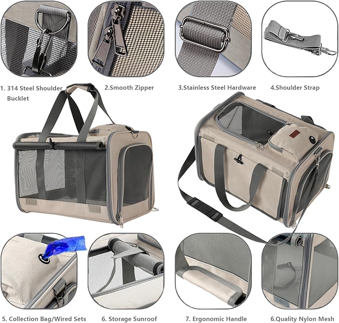 Soft Cats Carrier for Small Dogs Carriers Airline Approved Puppy Travel Bag Softsides Puppy Carry,Soft-Sided,Pets Small Animals Rabbits Bunny Outdoor (Khaki)